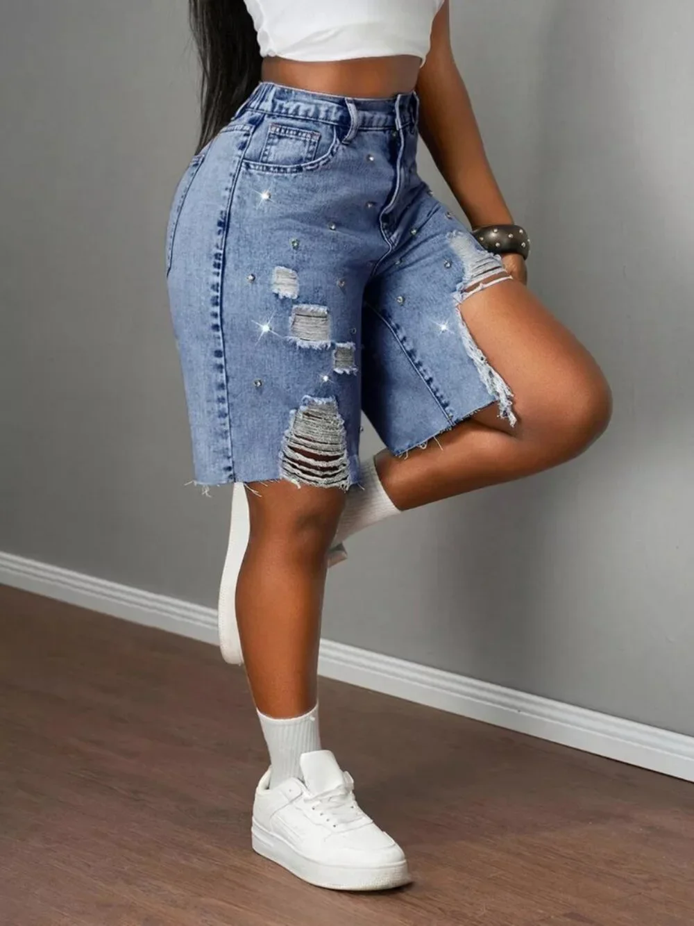 Distressed Rhinestone Denim Shorts - Picture 4 of 8